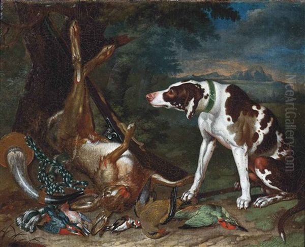 A Pointer With A Hare, A Musket, A Hunting Horn, Finches And Other Birds, In A Landscape - view 1