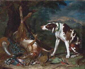 A Pointer With A Hare, A Musket, A Hunting Horn, Finches And Other Birds, In A Landscape