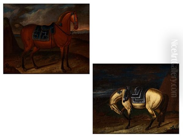 Nach Rechts Stehender Fuchs In Landschaft Mit Sattel Und Dunkelblauer Satteldecke (+ Nach Links Stehender Schimmel Mit Gesenktem Kopf, Mit Blauer, Silber Gefranster Satteldecke; Pair) - view 1