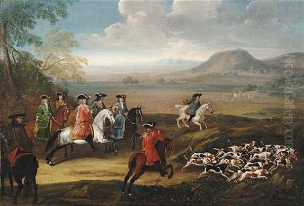 Adelige Jagdgesellschaft Mit Hundemeute Vor Weitem Landschaftshintergrund - view 1