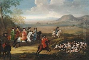 Adelige Jagdgesellschaft Mit Hundemeute Vor Weitem Landschaftshintergrund by Johann Georg de Hamilton