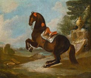Steigender Hengst In Weiter Landschaft by Johann Georg de Hamilton