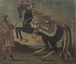 A Rearing Black Stallion, Possibly A Lipizzaner With An Elegant Groom Nearby