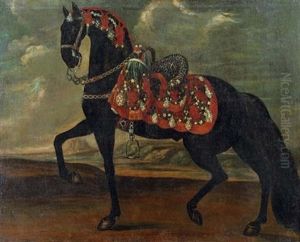 A Black Stallion, A Lipizzaner (?) With An Elaborate Saddle Performing A Piaffe