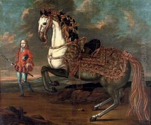 A Rearing Stallion, A Lipizzaner (?) With An Elaborate Saddle With An Elegant Groom Nearby