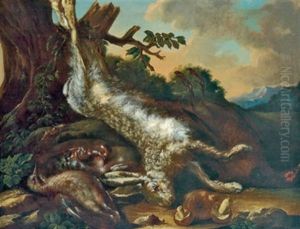 Jagdstillleben Mit Einem Erlegten Hasen In Einer Bewaldeten Landschaft by Johann Georg de Hamilton