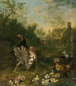 Parklandschaft Mit Einem Truthahnpaar, Mit Tauben, Glucke Und Kuken Sowie Pfauen