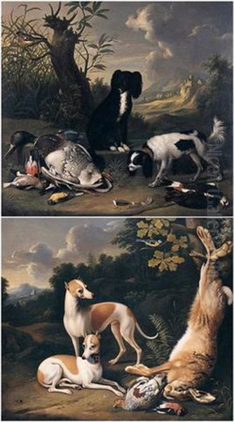 Spaniels Guarding Wildfowl And Songbirds In A Landscape With A Castle In The Distance - view 1