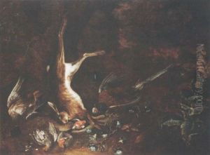 A Hunting Still Life With A Duck, A Hare, A Partridge, A Pheasant, Songbirds, Morning Glory And Fly Agarics In A Forest