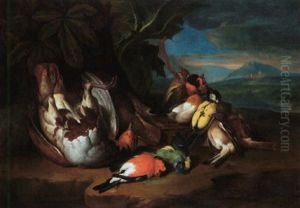 Still Life Of A Partridge And Songbirds At The Base Of A Tree by Johann Georg de Hamilton