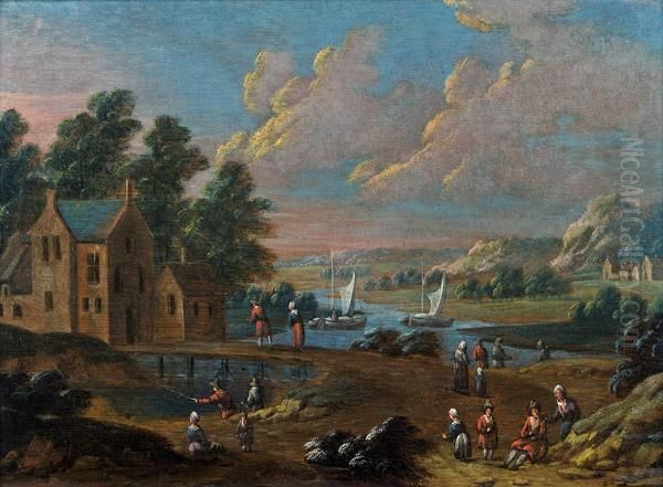 Flusslandschaft Mit Figurenstaffage Und Segelbooten - view 1