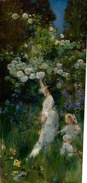 Woman And Two Children In A Garden Picking Flowers - view 1