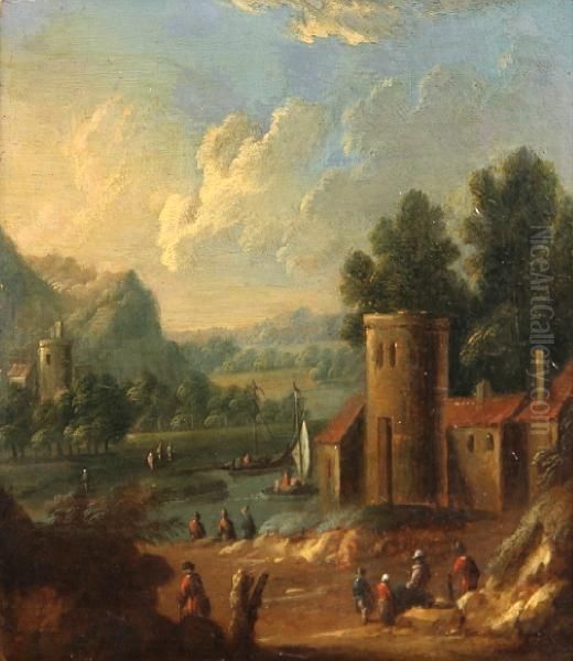 Figures By A Tower With Small Boats On A Riverbeyond - view 1