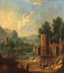 Figures By A Tower With Small Boats On A Riverbeyond