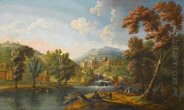 A River Landscape With Figures Resting Besidea Waterfall - view 1