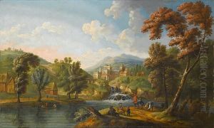 A River Landscape With Figures Resting Besidea Waterfall