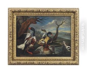 A Shell Duck, A Pintail, A Mallard, And Other Ducks On The Bank Of A River by Philipp Ferdinand de Hamilton