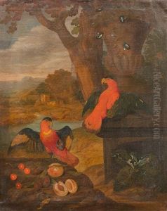 Zwei Papageien In
Landschaft - Im Vordergrund Kleines Stillleben
Mit Fruchten by Philipp Ferdinand de Hamilton