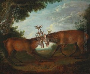 Two Hunting Still Lifes, One With Fighting Stags, The Other With A Stag And A Doe