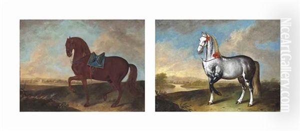 A Lipizzan In A Landscape, A River Beyond; And A Charger With A Blue Saddle In A Landscape, A River Beyond (2 Works) - view 1