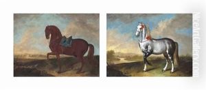A Lipizzan In A Landscape, A River Beyond; And A Charger With A Blue Saddle In A Landscape, A River Beyond (2 Works) by Philipp Ferdinand de Hamilton