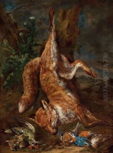 Two Hunting Still Lifes With A Shot Fox And Hares by Philipp Ferdinand de Hamilton