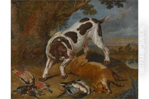 Jagdhund Bei Der Beute Von Vogeln Und Einem Fuchs by Philipp Ferdinand de Hamilton