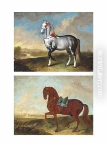 A Lipizzan In A Landscape, A River Beyond (+ A Charger With A Blue Saddle In A Landscape, A River Beyond; Pair) by Philipp Ferdinand de Hamilton