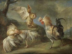 An Owl Attacking Cockerals And Chickens by Philipp Ferdinand de Hamilton