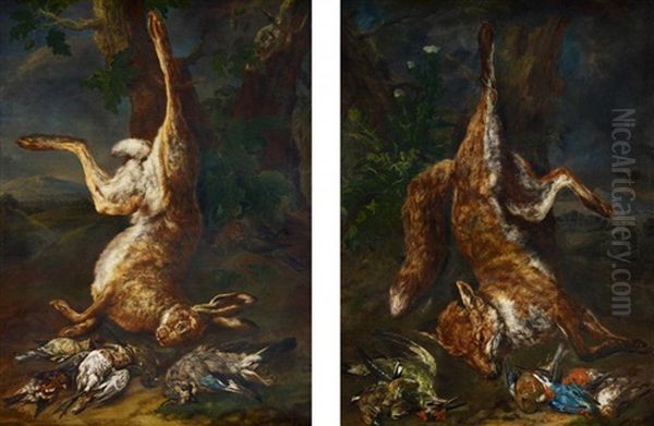 Zwei Gemalde: Jagdstillleben Mit Erlegtem Fuchs, Oder Hasen Und Singvogeln (2 Works) - view 1