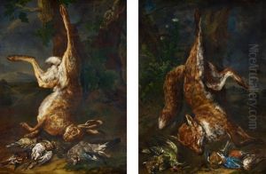 Zwei Gemalde: Jagdstillleben Mit Erlegtem Fuchs, Oder Hasen Und Singvogeln (2 Works) by Philipp Ferdinand de Hamilton