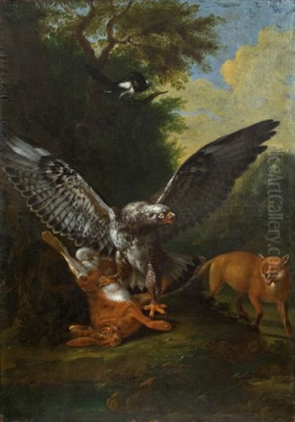 Greifvogel, Hase, Fuchs Und Elster In Bewaldeter Landschaft - view 1
