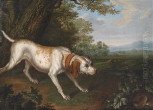 Ein Die Beute Witternder Jagdhund In Einer Landschaft by Philipp Ferdinand de Hamilton