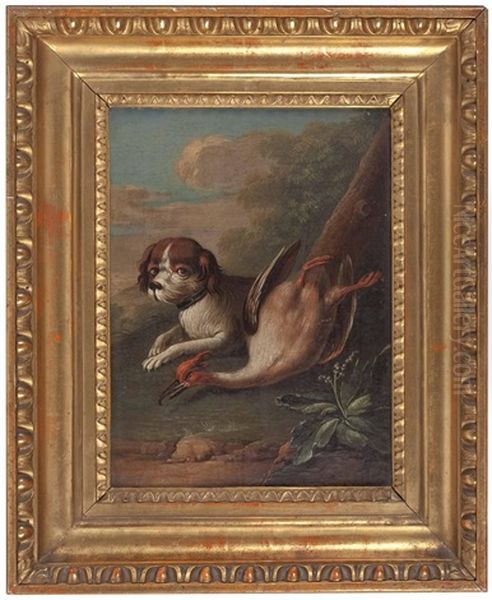 Hund Bewacht Toten Hasen Vor Landschaftskulisse (+ Hund Bewacht Wildvogel Vor Landschaftskulisse; Pair) - view 1