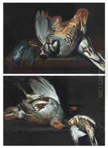 A Pigeon, A Bullfinch, A Kingfisher And Other Birds On A Ledge (+ A Pigeon And Other Birds On A Ledge; Pair)