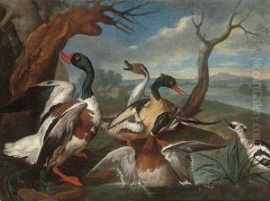 A Shellduck, A Pintail, A Mallard, And Other Ducks On The Bank Of A River by Philipp Ferdinand de Hamilton