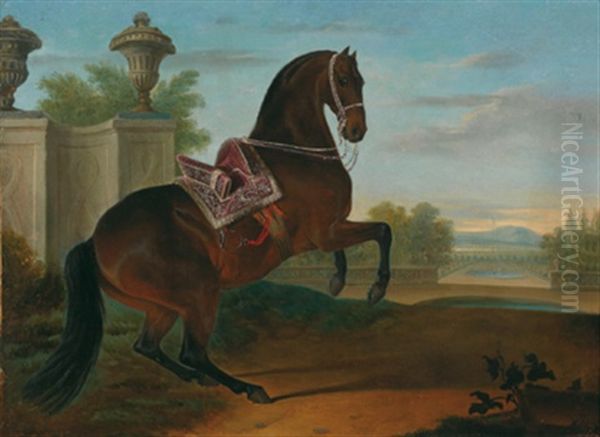 Ein Kaiserlicher Brauner Mit Prunksattel In Der Levade In Einer Landschaft - view 1