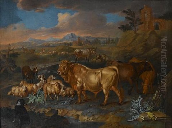 A Landscape With Bulls, Sheep And Goats Grazing, A Shepherd And His Flock In The Distance - view 1
