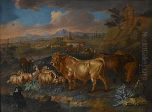 A Landscape With Bulls, Sheep And Goats Grazing, A Shepherd And His Flock In The Distance