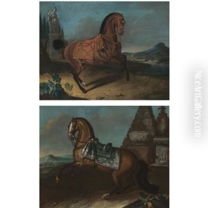 Portraits Of Saddled Bay Stallions In A Landscape (pair)
