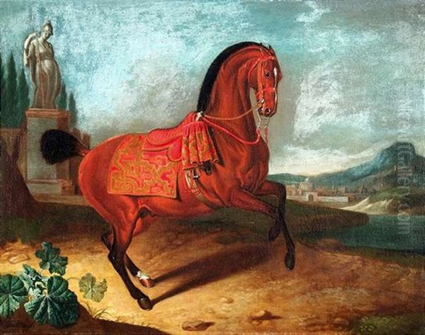 Hengst In Der Levade Vor Landschaft Mit Einer Statue Der Minerva - view 1