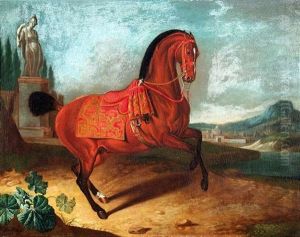 Hengst In Der Levade Vor Landschaft Mit Einer Statue Der Minerva