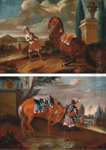 A Servant Attending To An Elegant Horse In A Park Landscape (+ A Servant Training A Horse In A Park Landscape; Pair) by Philipp Ferdinand de Hamilton