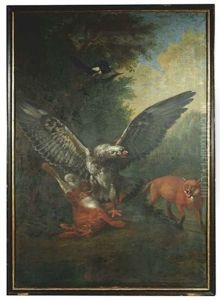 Ein Adler Hat Einen Hasen Geschlagen Und Droht Einem Sich Heranschleichenden Fuchs by Philipp Ferdinand de Hamilton