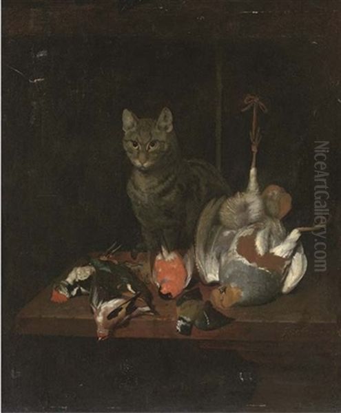 A Cat Seated On A Wooden Table With Dead Birds - view 1