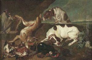 Jagdstilleben Mit Zwei Hunden, Die Die Jagdbeute Bewachen by Philipp Ferdinand de Hamilton