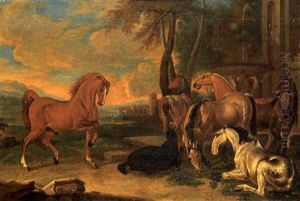 Pferde Von Sudlicher Landchaft Mit Springbrunnen by Philipp Ferdinand de Hamilton