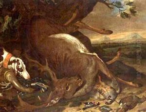 A Hunting Still Life Of A Stag, A Partridge, A Pheasant, A Kingfisher And A Bullfinch, Together With A Sporting-dog And A Hunting Horn, All In A Landscape Setting by Philipp Ferdinand de Hamilton