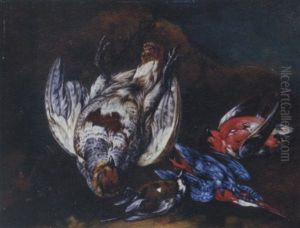 A Hunting Still Life Of A Partridge, A Great Tit, A Jay And A Robin On A Forest Floor