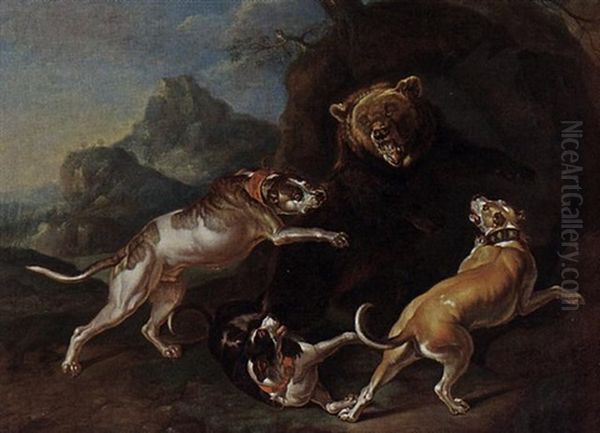 A Hunting Scene With Dogs Bringing Down A Bear - view 1